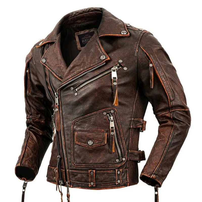 Motorcycle jacket cowhide leather jacket 5XL men's slim stone grinding old retro coat motorbike jacket motorcycle accessories
