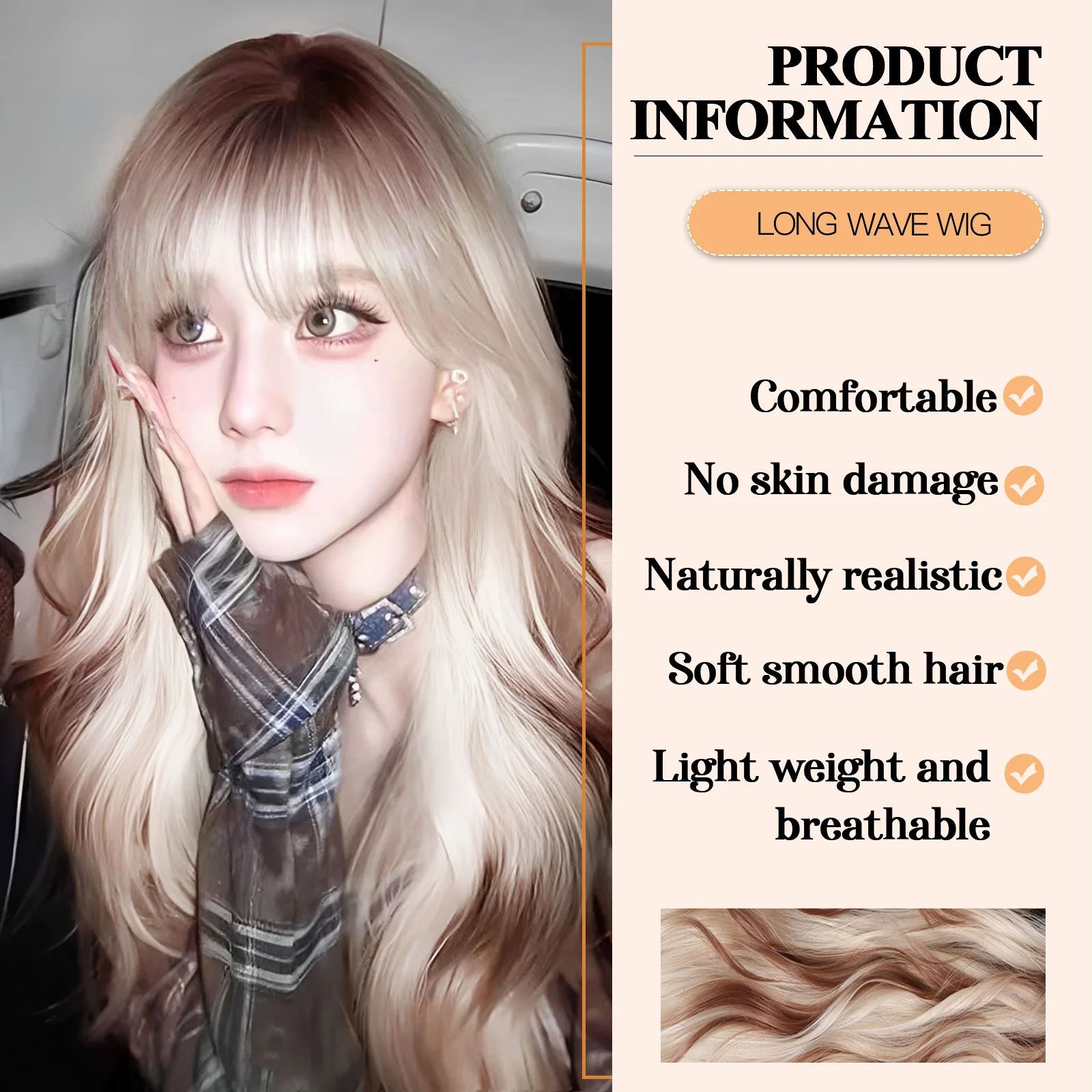 Ombre Blonde Brown Synthetic Wigs Long Wavy Curly Wig with Bangs for White Women Korean Daily Party Cosplay Heat Resistant Hair