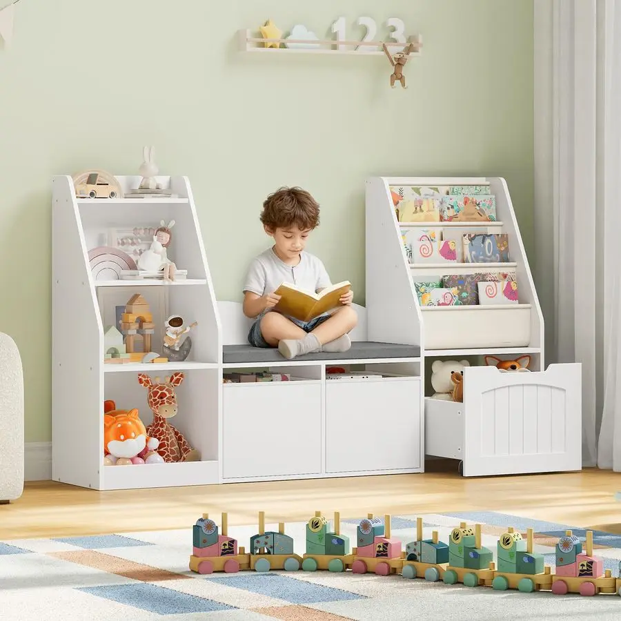 Kids Bookshelf with Reading Nook, 4in1 Childrens Bookcase with Soft Bench, Mobile Drawer amp Fabric Bins, Storage Shelves, Books