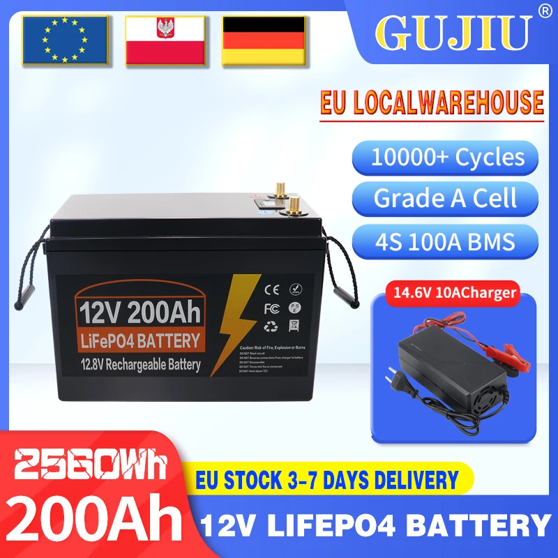 12V Lifepo4-Batterie 200Ah 100Ah mit integriertem 100A BMS 12,8V Lithium-Eisenphosphat-Zellen zum Ersetzen der meisten Stromversorgungsanlagen für die Heimenergieversorgung