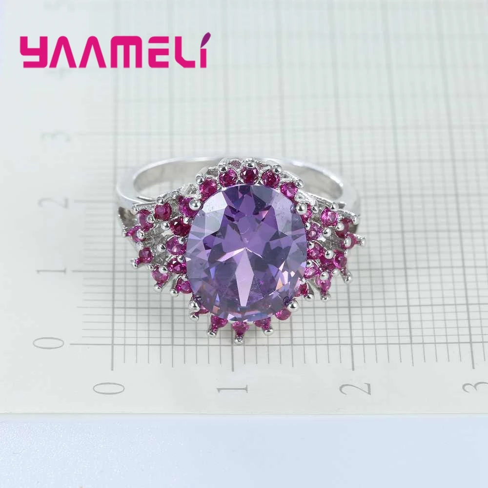 Luxury Fashion Purple Flower Crystal Stone Ring Party Engagement Wedding Ceremony Jewelry For Women 925 Sterling Silver
