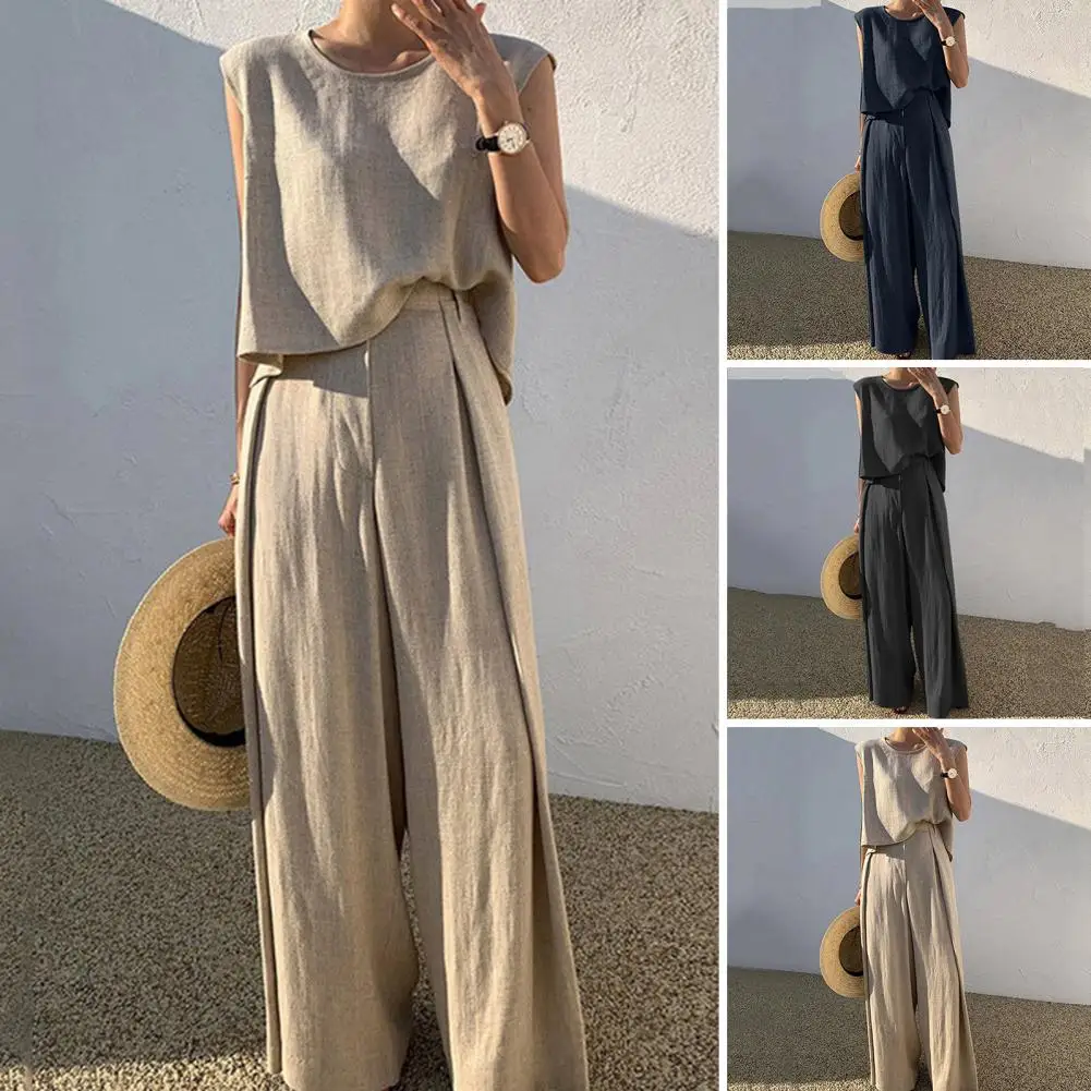 Cotton Linen Summer Outfits For Women 2023 Loose Shoulder Pad Crop Top Wide Leg Pants Two Piece Set Casual Female Matching Suit