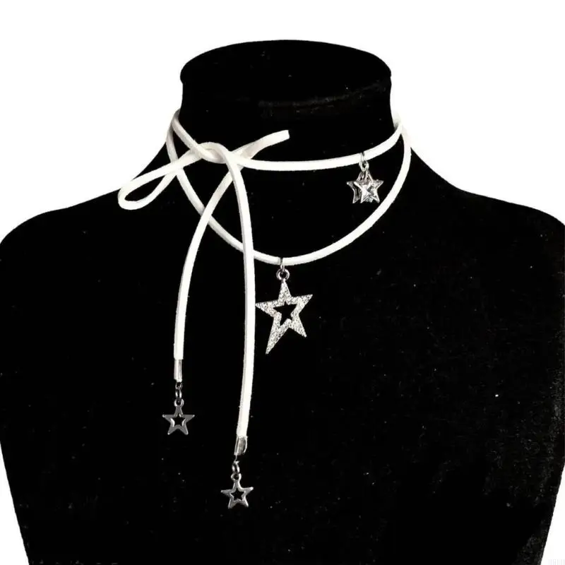 H9ED Fashion Five-Pointed Star Cloth Choker Necklaces Women Long Rope Necklace