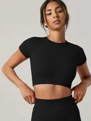 Top da yoga da donna T-shirt sportive senza cuciture Abbigliamento fitness Camicia da yoga a maniche corte Top da palestra Top sportivo da corsa