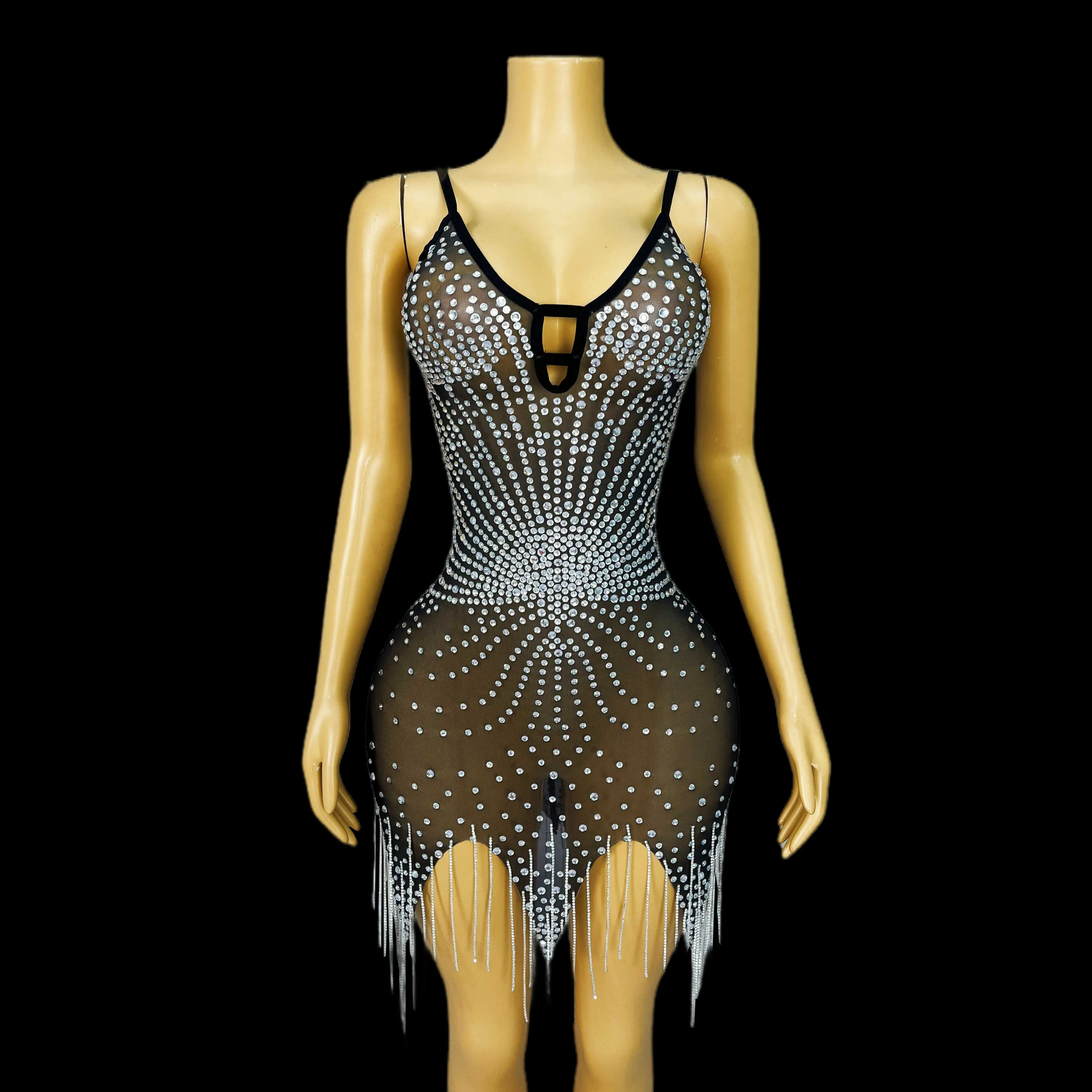 

Black slip dress handmade white rhinestone diamond chain ladies evening celebration costume stage show costume Tingyu