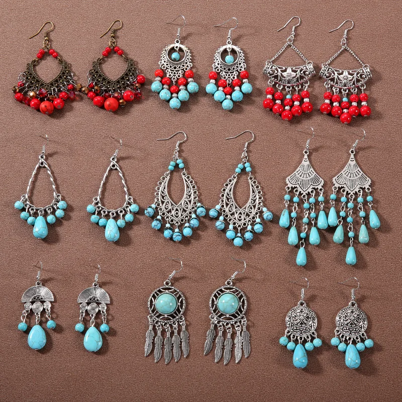 

Bohemian fringed turquoise personality temperament earrings jewelry