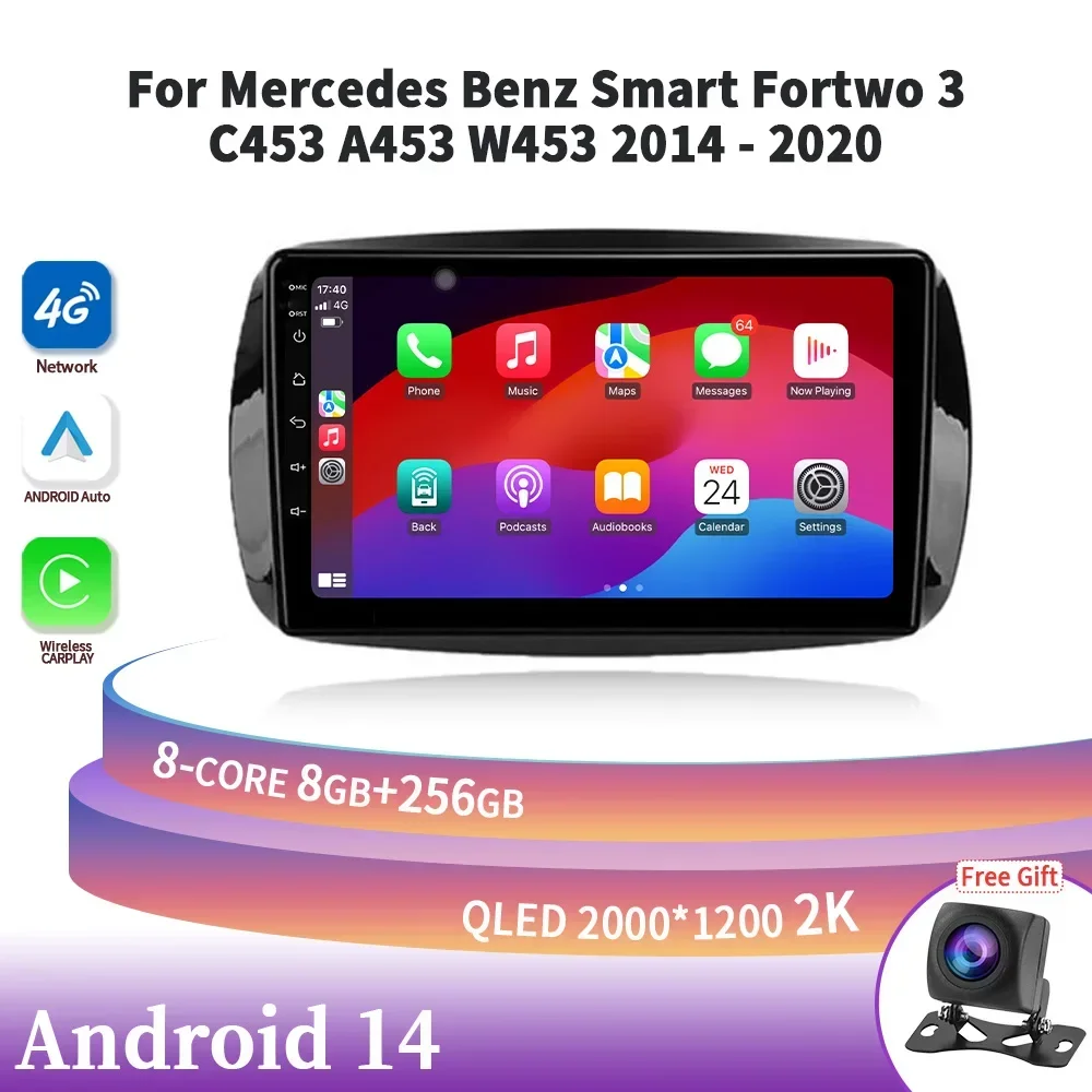 Android 14 Car Radio For Mercedes Benz Smart Fortwo 3 C453 A453 W453 2014-2020 Navigation 4G GPS Auto Touch Screen Bluetooth