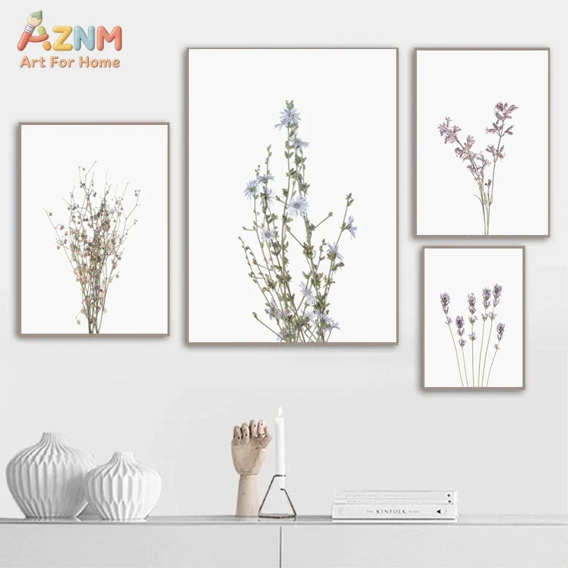 AZNM Minimalist Dried Wildflower Canvas Wall Art Neutral Gypsophila Floral Botanical Simple White Background Unframed Canvas Dec