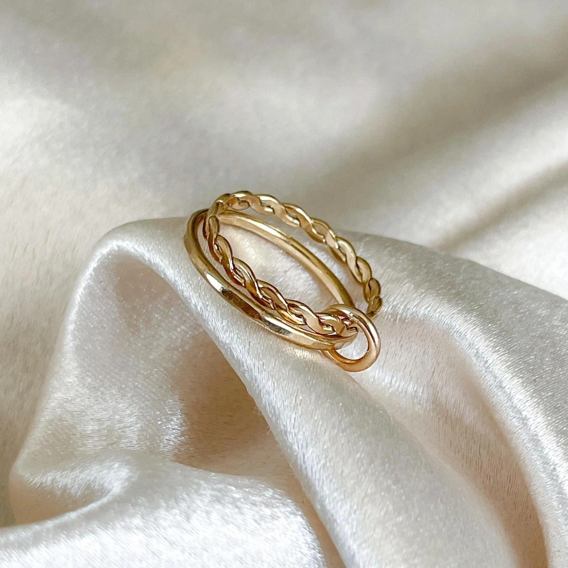 14k Gold Filled Double Band Ring Woven & Smooth Connector Ring Minimalism Jewelry Tarnish Resistant Jewelry Boho Women Ring