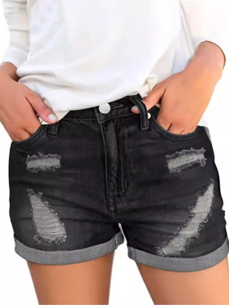 Pantaloncini di jeans alla moda Donna Casual Tasche a vita alta Pantaloncini di jeans strappati con bottoni Lady Sports Streetwear Abbigliamento da donna vintage