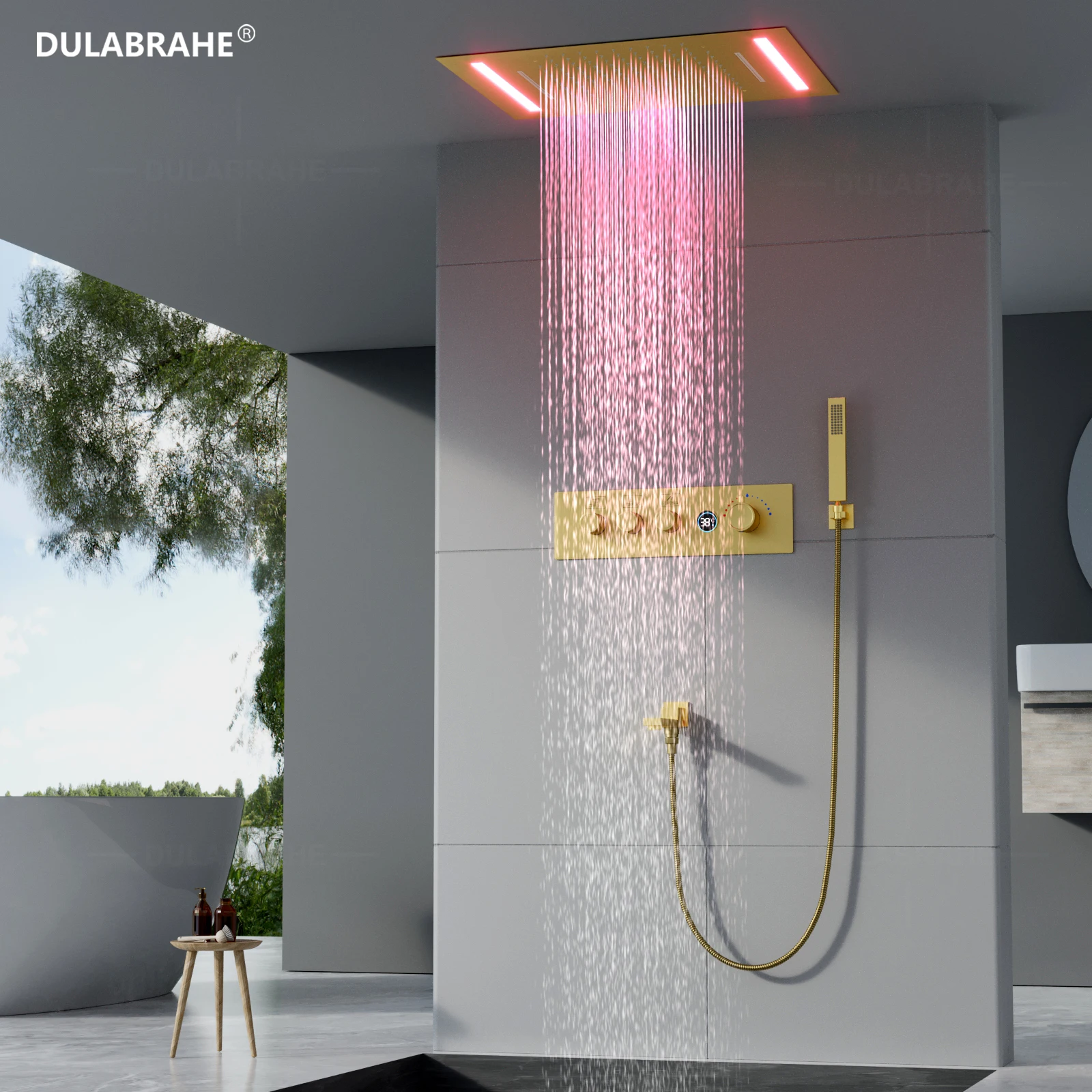 Brushed Gold LED Music Hidden Shower Set Brass Bathroom Ceiling Shower System Digital Shower Head Rain Shower Waterfall Faucet