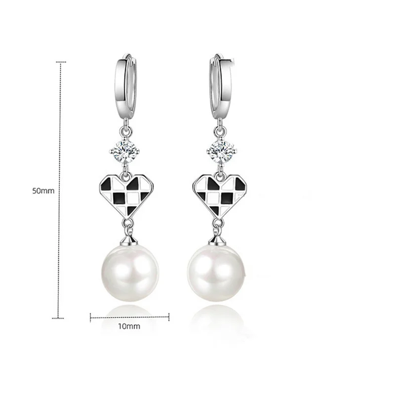 Trendy Pearl Zircon Combin Heart Black White Plaid Earrings For Lady Accessories Grade 925 Sterling Silver Earrings Women Gift