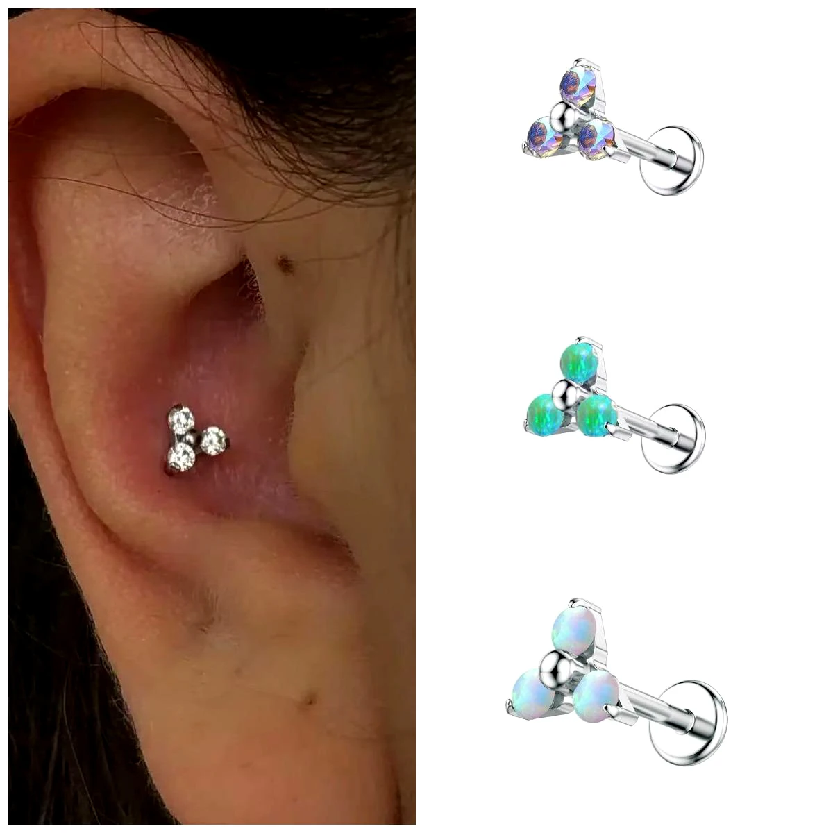 Titanium alloy lip ring, three diamond zircon earrings, human puncture jewelry
