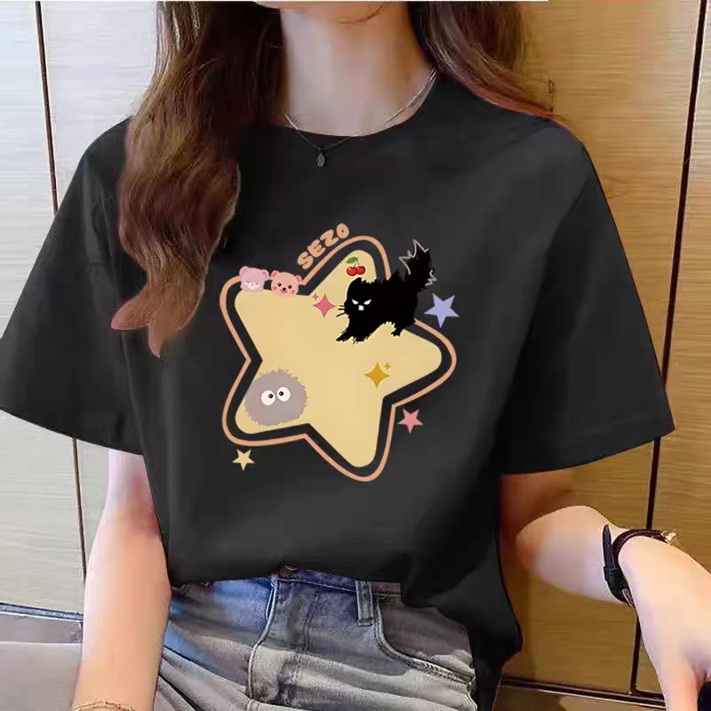 

Summer white short-sleeved T-shirt female 2025 new explosion cartoon T-shirt loose half-sleeved shirt with five-pointed star.