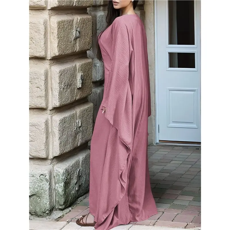여성용 우아한 단색 긴팔 드레스 배트 슬리브 이슬람 맥시 로브