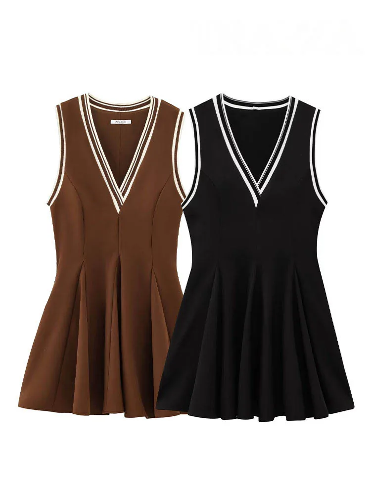 HH Damskie Sukienki Nowa Moda Brązowa Sukienka Bez Rękawów z Dekoltem w Serek i Bocznym Zamkiem Błyskawicznym Letnia Sukienka w Stylu Wakacyjnym Dopasowana Sukienka Ołówkowa