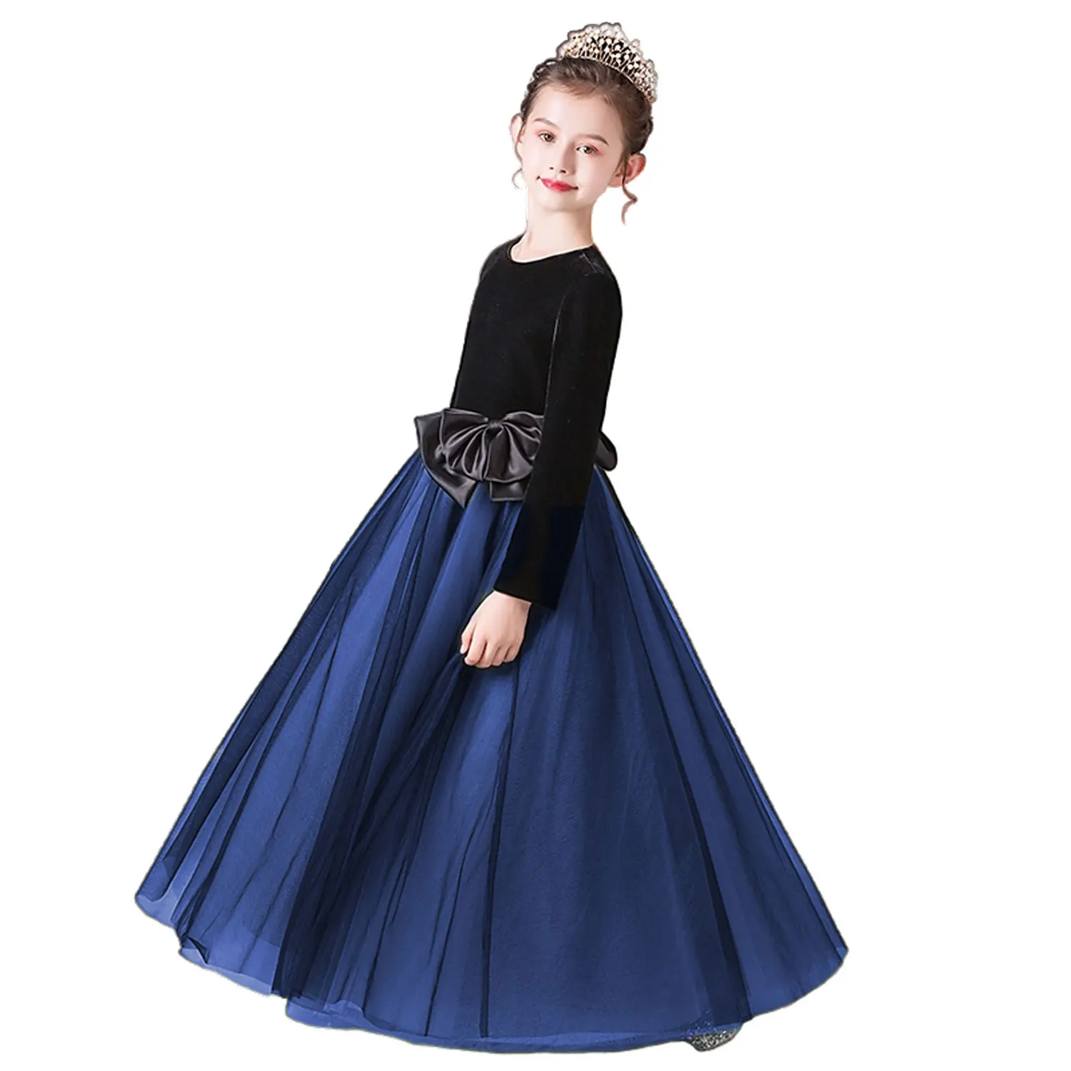 Dideyttawl Long Sleeves Velvet Tulle Girl Dresses Princess Dress For Wedding Birthday Party Junior Pageant Gowns