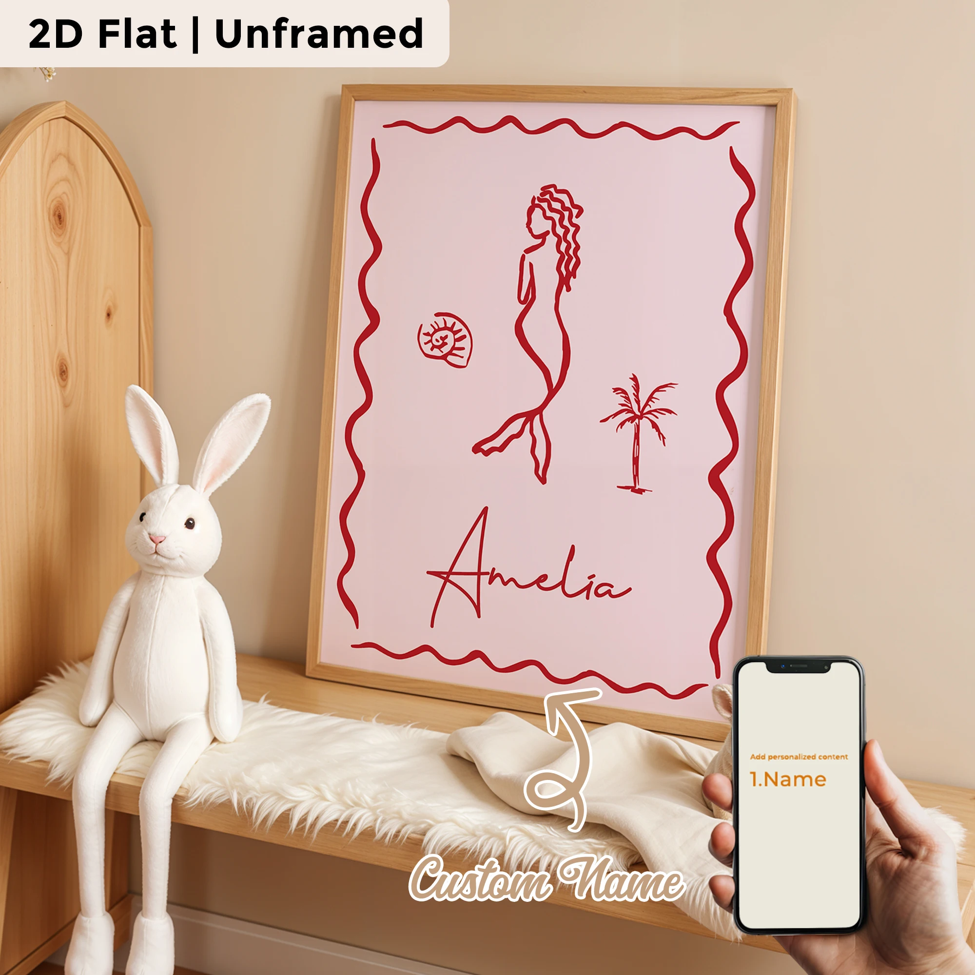 Personalized Custom Name  Pink Wavy Border Mermaid Wall Art Print Picture Canvas Poster Painting For Living Room Home Decor Gift