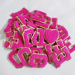 Rose Red Letters Sticker Patch Alphabet Towel Embroidered Chenille Patches for Clothing Bag Jacket Stick on Accessories Applique