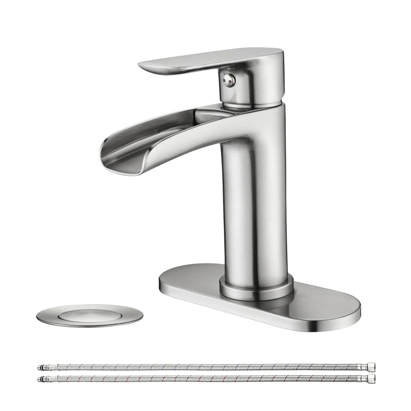 

Waterfall Bathroom Faucet Single Handle Bathroom Sink Faucets 1 or 3 Hole Solid Vanity Faucet with Deck Plate & Overflow Pop