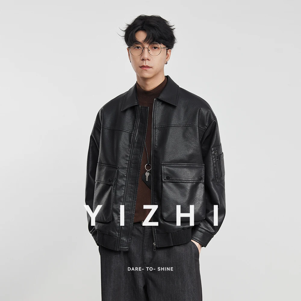 

Fashion Men's American PU Leather Short Jacket Casual Merard 2025 Winter New Fleece-Lined Motorcycle Leather Jacket