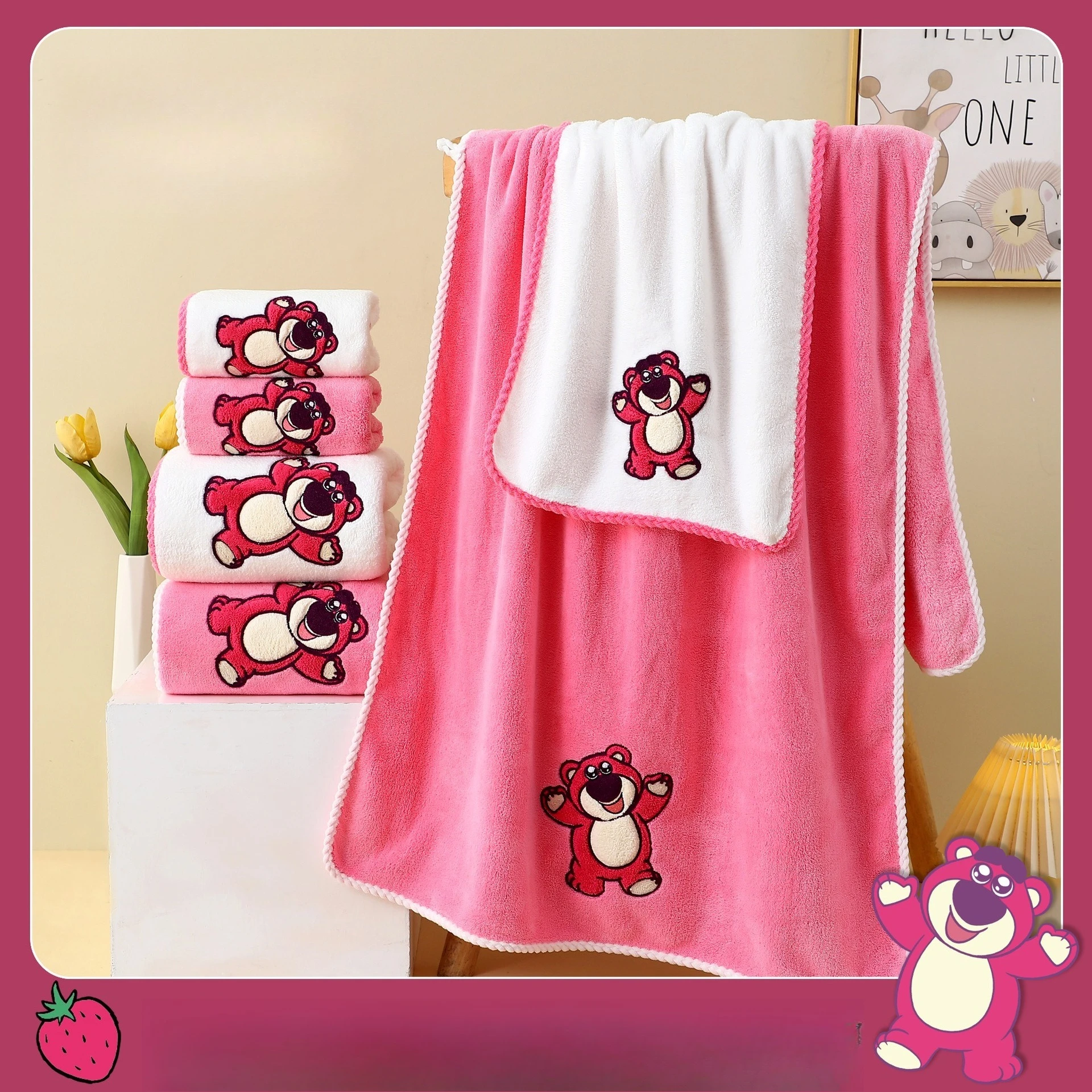 

2025 New Hot-selling Disney Towel Cute Creative Strawberry Bear Coral Fleece Towel Thickened Absorbent Bathing Face Towel