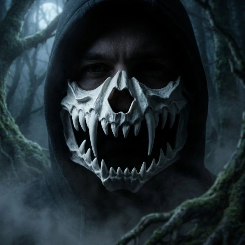 Half Face Skull Mask Demon Skeleton Wolf Dragon Tiger Cosplay Halloween Party Prop Long Teeth Headgear for Adult Role Play