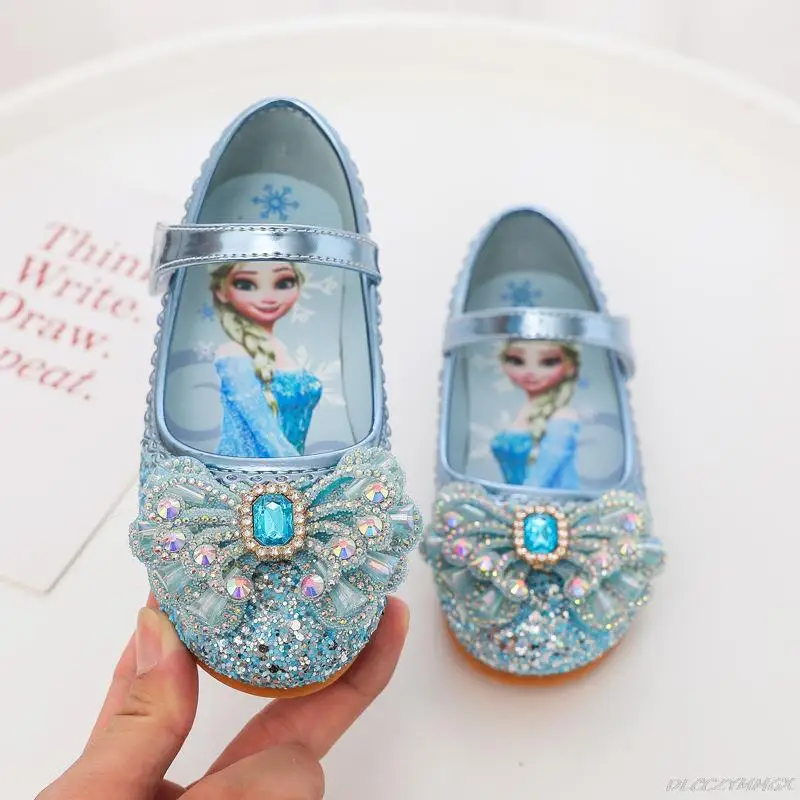 Cartoon Elsa Soft Bottom Baby Shoes Girl Princess Shoes Frozen Crystal Shoes Children Flat Flower Girl Leather Shoes