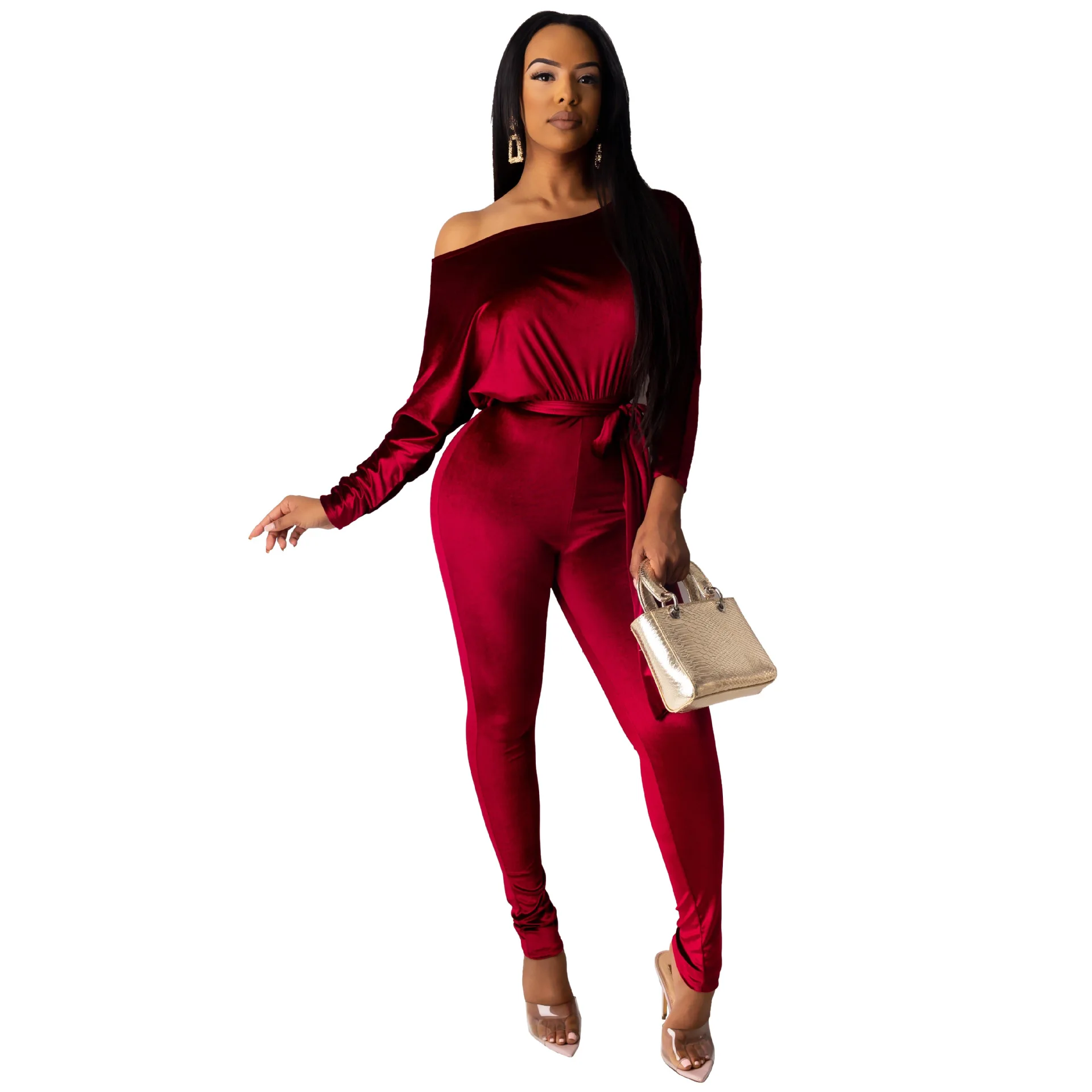 Women Velvet Night Club Party Bodycon Jumpsuit Sexy One Off Shoulder Long Sleeve High Waist One Piece Rompers With Belt