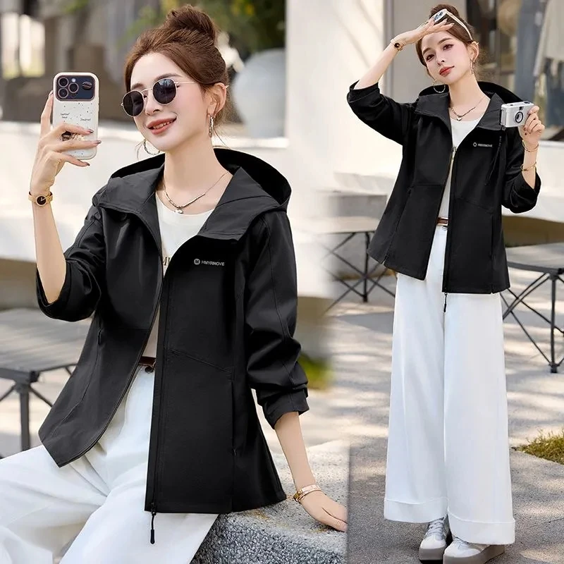 

2025 Spring Autumn New Women's Soft Shell Hooded Coat Loose Hooded Female Yoga Sports Jacket Casual Ladies FashionTops Overwear
