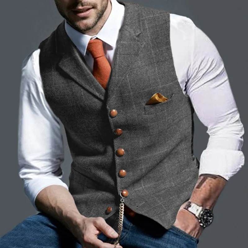 

2024 Men's Suit Vest Notched Plaid Wool Herringbone Tweed Waistcoat Casual Formal Business Groomman Wedding Clothes Work Suit