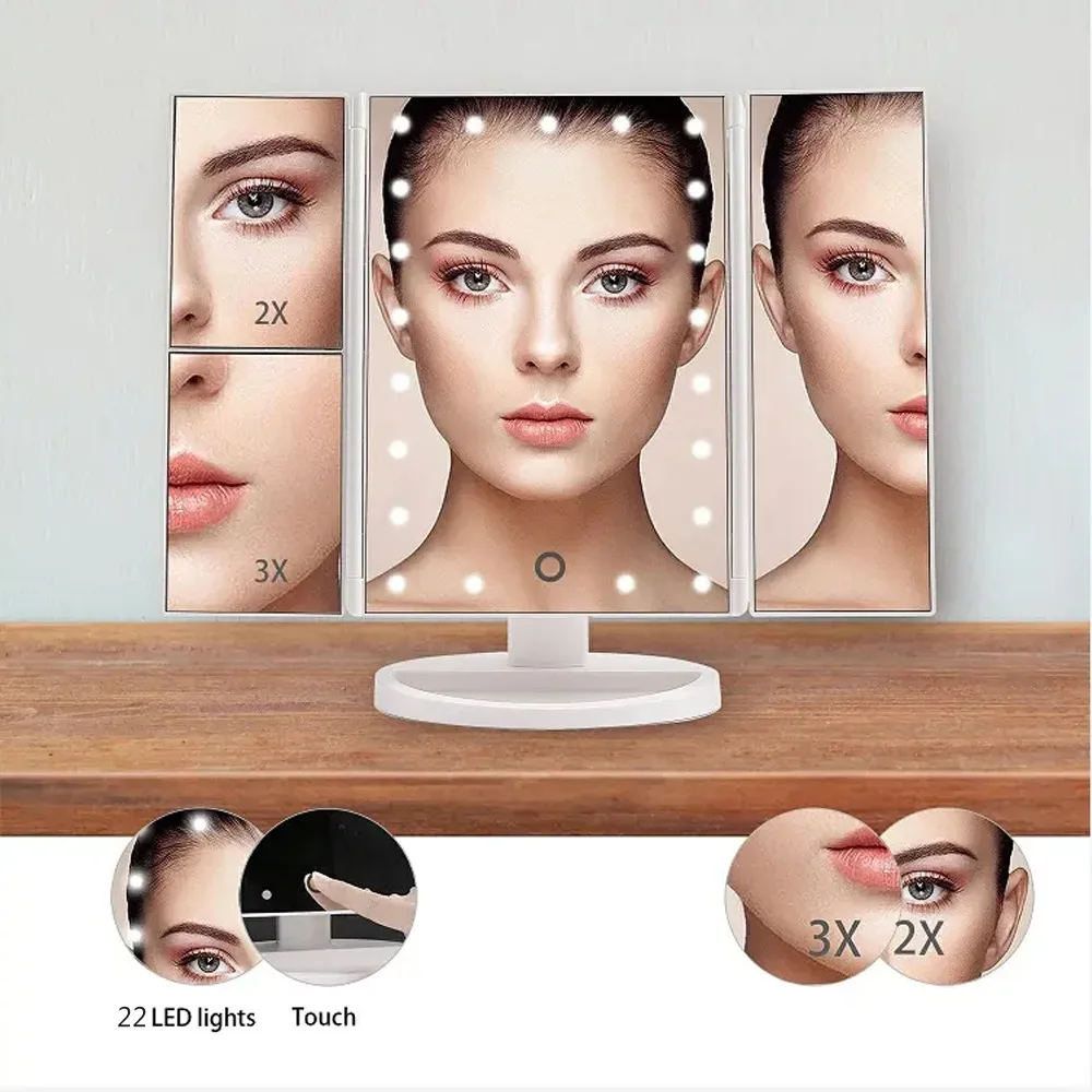 Miroir de maquillage de vanité LED avec commande tactile, éclairage réglable 1X, 2X, grossissement 3X, conception à trois volets, cadeau idéal pour les femmes