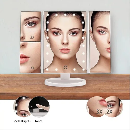 Imagen 2 del producto Espejo de maquillaje LED con control táctil, iluminación ajustable 1X, 2X, 3X Ampliación, diseño triple Regalo ideal para mujeres