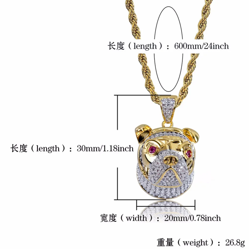 Gold Color Pet Dog Bulldog Pendants Necklaces Micro Paved CZ Rhinestone Men's Bling Ice Out Hip Hop Rapper Jewelry