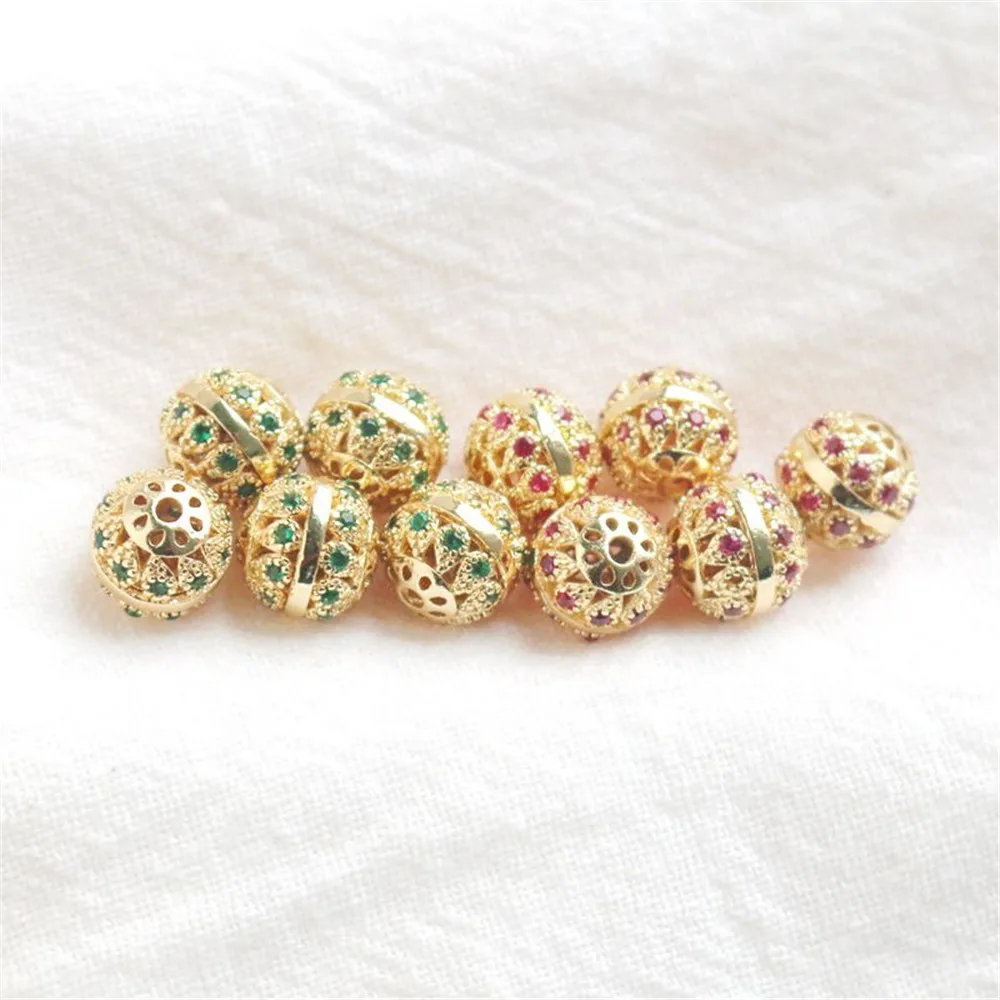 

14K Gold Colored Hollow Inlaid Zirconia Beads, Embroidered Ball, Separated by Loose Beads, DIY Bracelet Necklace Accessories