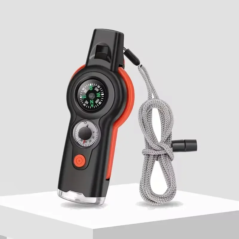1Pc 7 in 1 EDC Survival Whistle High Decibel Rescue Whistle with LED Light Thermometer Compass Survival Reflective Signal Mirror