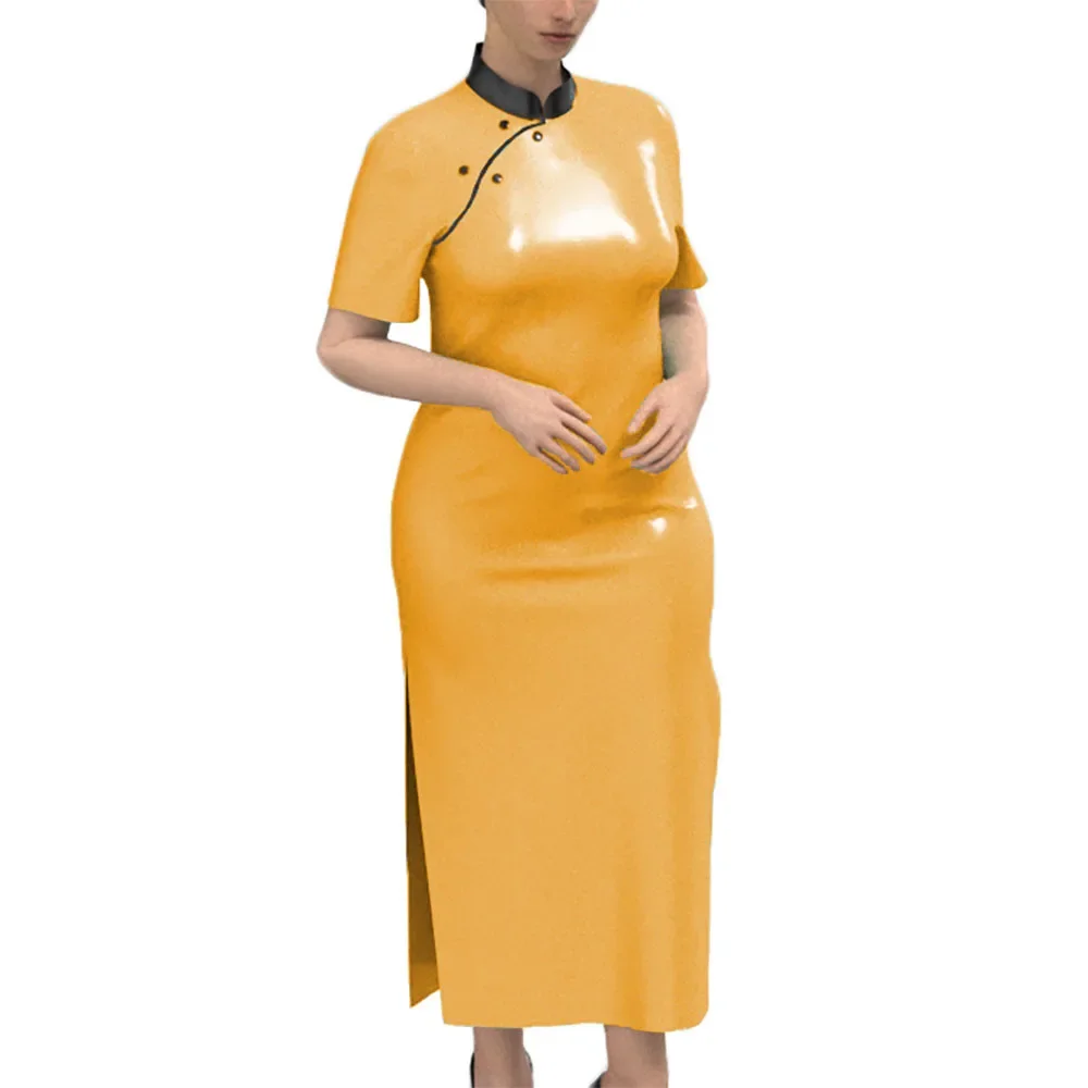 Fetish Queen-Women's Elegant Cheongsam Dress,Chinese Classic Women's Qipao,Short Sleeve,Vinyl Leather Bodycon Dress,Plus Size