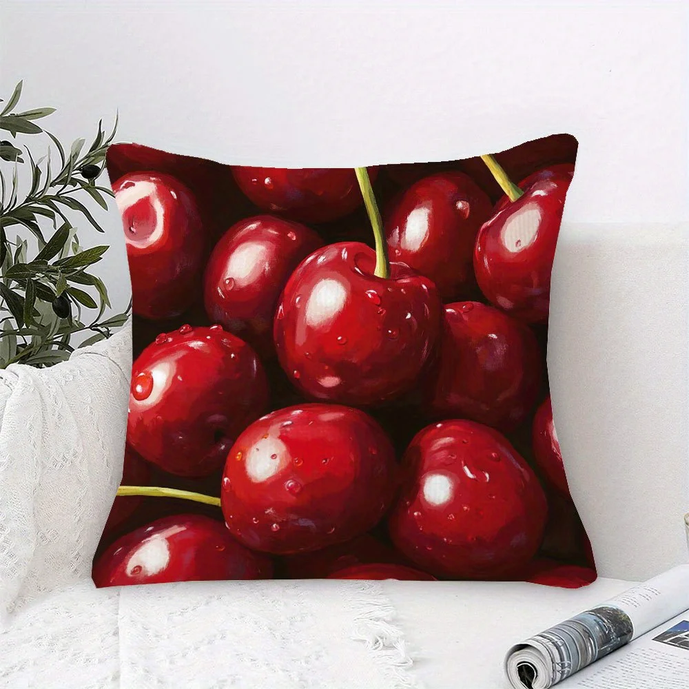 

1pc Oil Painting Cherry Pillow Cover, Polyester 2D Double-Sided Print, Hyper-Realistic Juicy Red Cherry Design, Fruit Lover Home