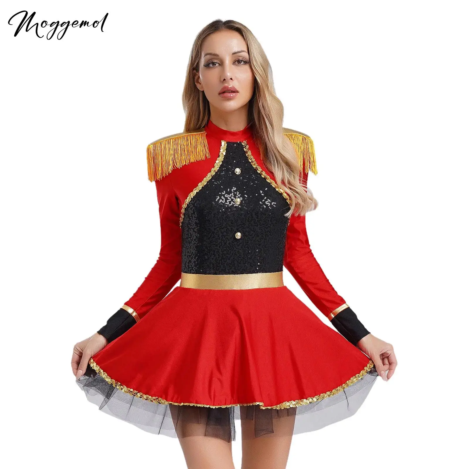 Body de circo Ringmaster para mujer, vestido de manga larga con flecos y parches en los hombros, traje de Showman de entrenamiento de León con lentejuelas brillantes