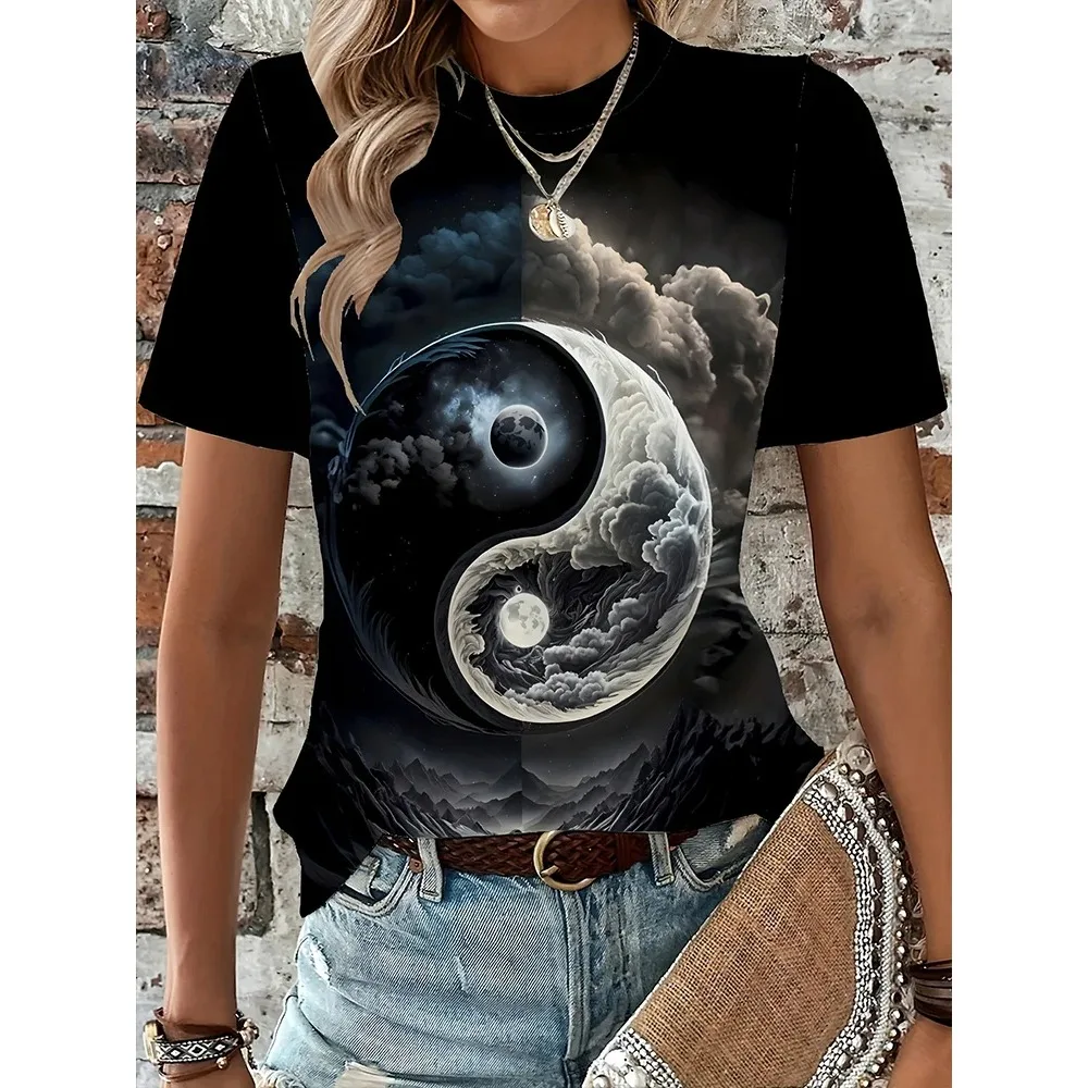 Top estivo da donna casual quotidiano a maniche corte stile orientale T-shirt retrò da donna stampata in 3D moda da donna da strada all'aperto Y2K