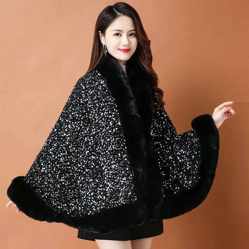 Fashion Shiny Paillette Faux Rex Rabbit Fur Cape Coat Winter Thicken Lining Warm Party Dress Cloak Shawl Women Wraps New