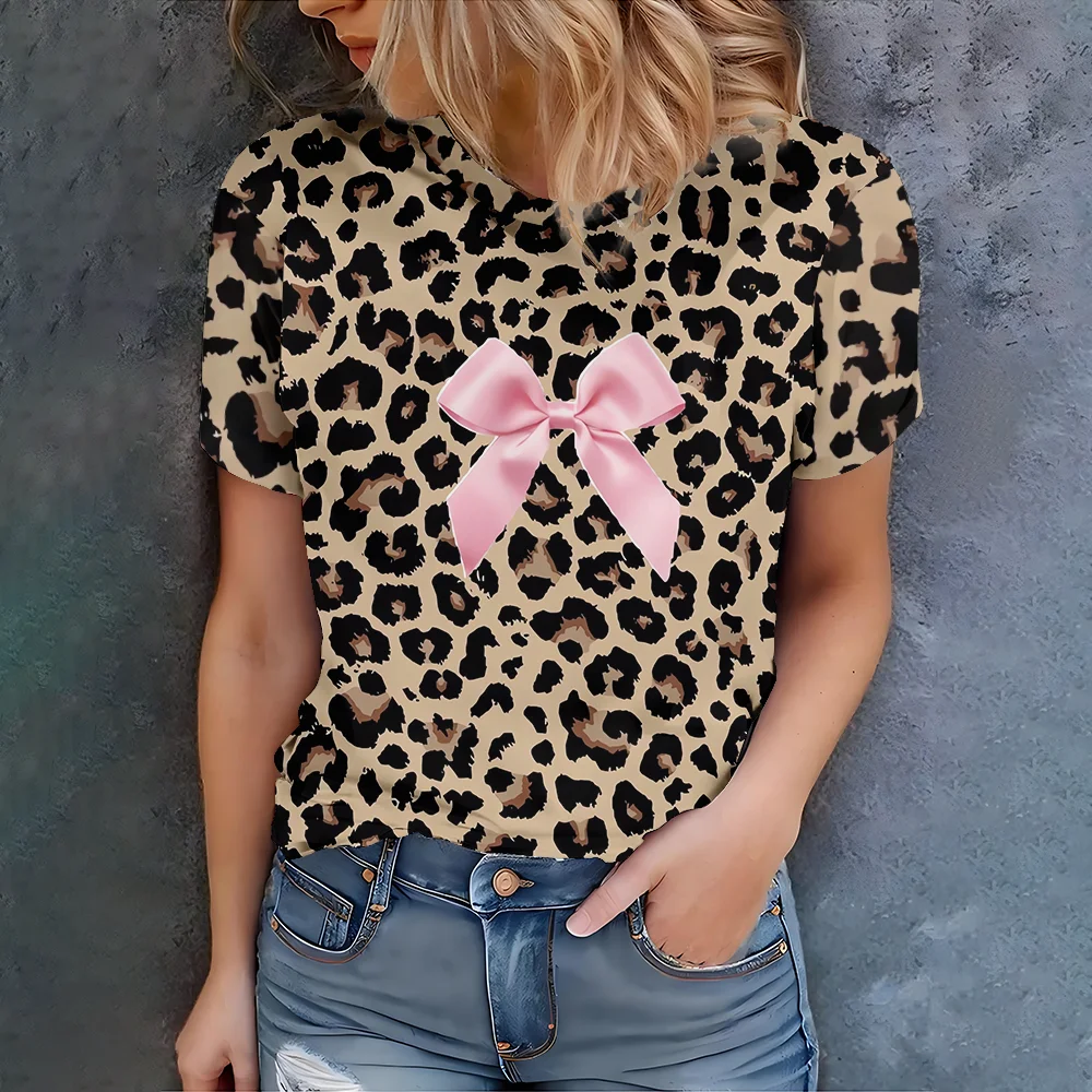

Pink Bow Brown And Black Leopard Pattern Women's T-shirt - Casual Fashion Playful Style Summer Round Neck Short Sleeve