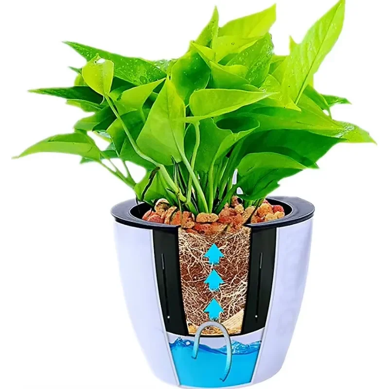 Self Watering Flower Pots with Drainage Core Rope Plastic Planters Classic Modern Design Various Sizes for Indoor Outdoor Use
