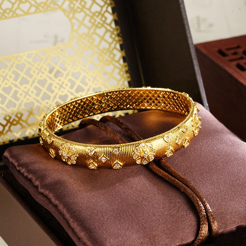 QEENKISS 24KT Gold Luxury Zircon Bracelet Bangle For Women Jewelry Wedding Party Birthday Bride Mother Girlfriend Gifts BT5334