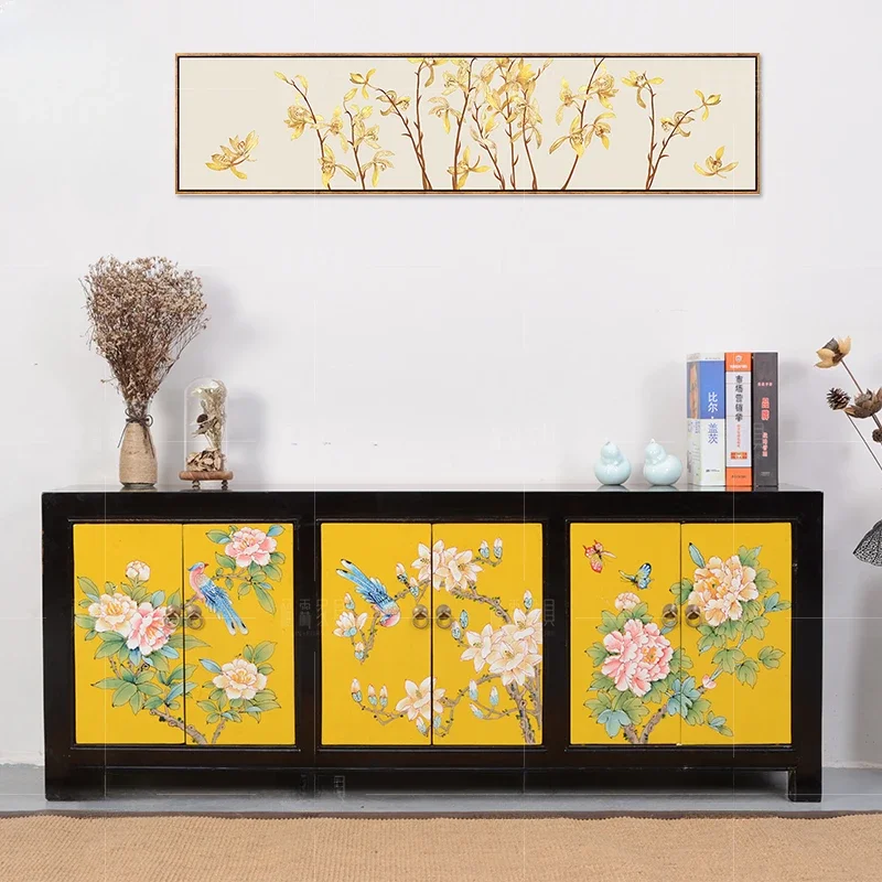 

Yellow Retro Distressed TV Cabinet Living Room Shoe Cabinet Low Hallway Side Counter Custom Furniture
