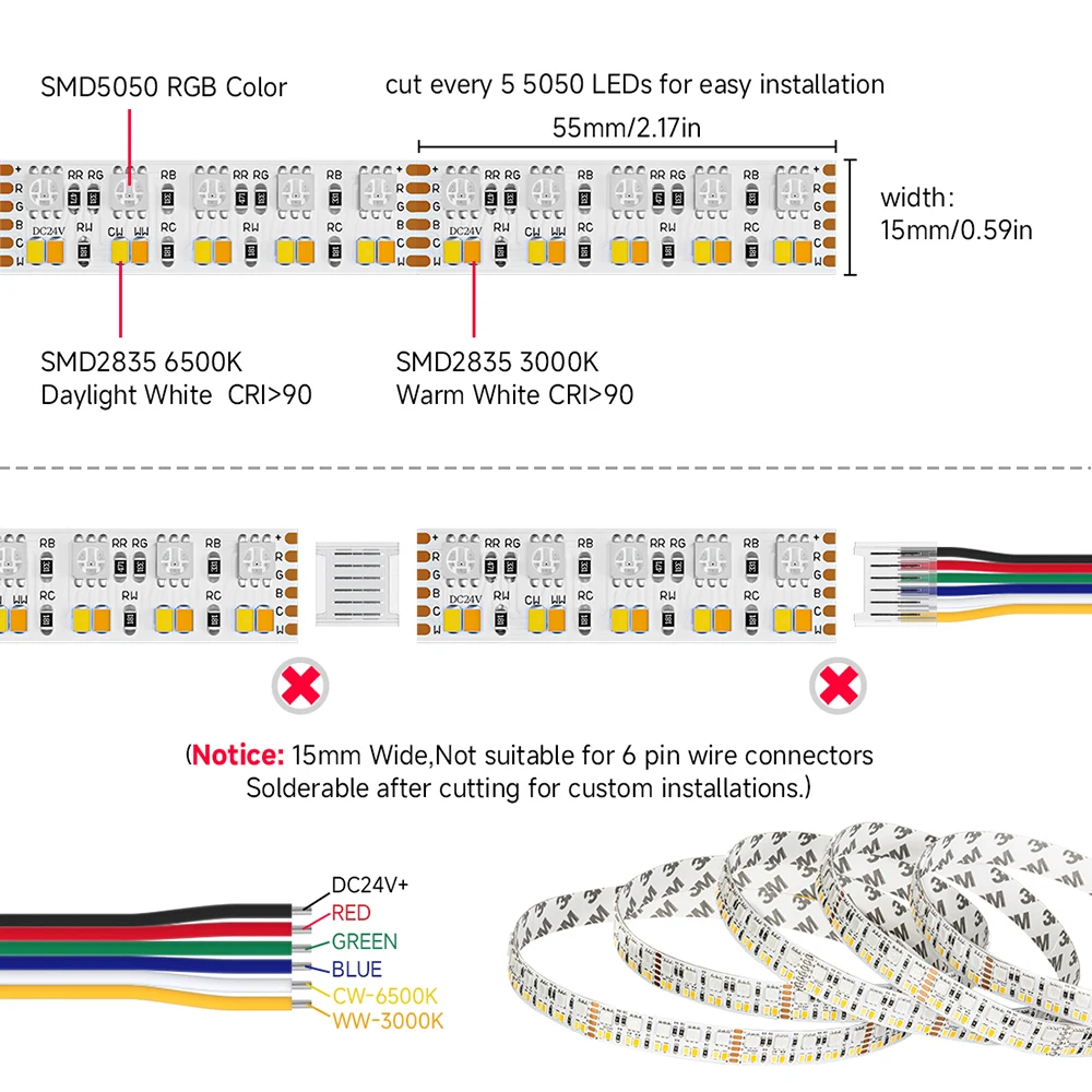 5 متر صف مزدوج RGBCCT 5 ألوان في 1 LED قطاع ضوء 6pin RGBW RGBCW RGBWW 5050 RGB 2835 WW CW 3000K-6500K 270 المصابيح/م 15 مللي متر 12 فولت 24 فولت