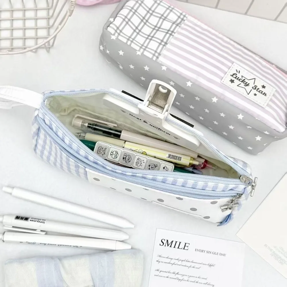 Portable 2-Layer Pencil Case Large Capacity Zipper Pencil Pouch Colors-block Pen Box Students
