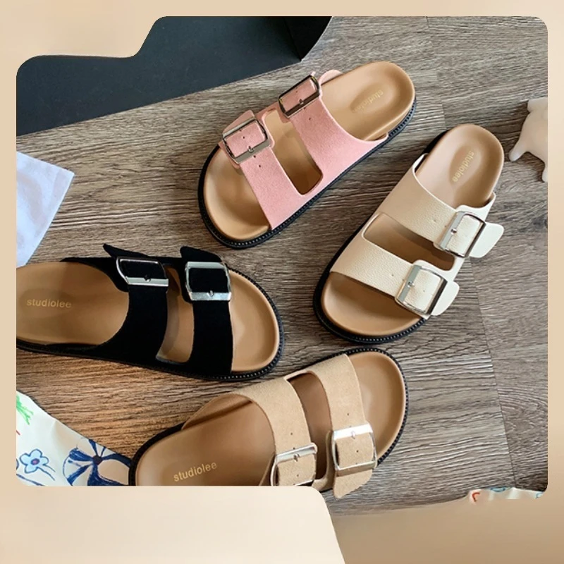 2023 Summer New Retro Genuine Leather Slippers Thick Sole Double Buckle Strap Buchan Slippers Women's Sandals for External Wear