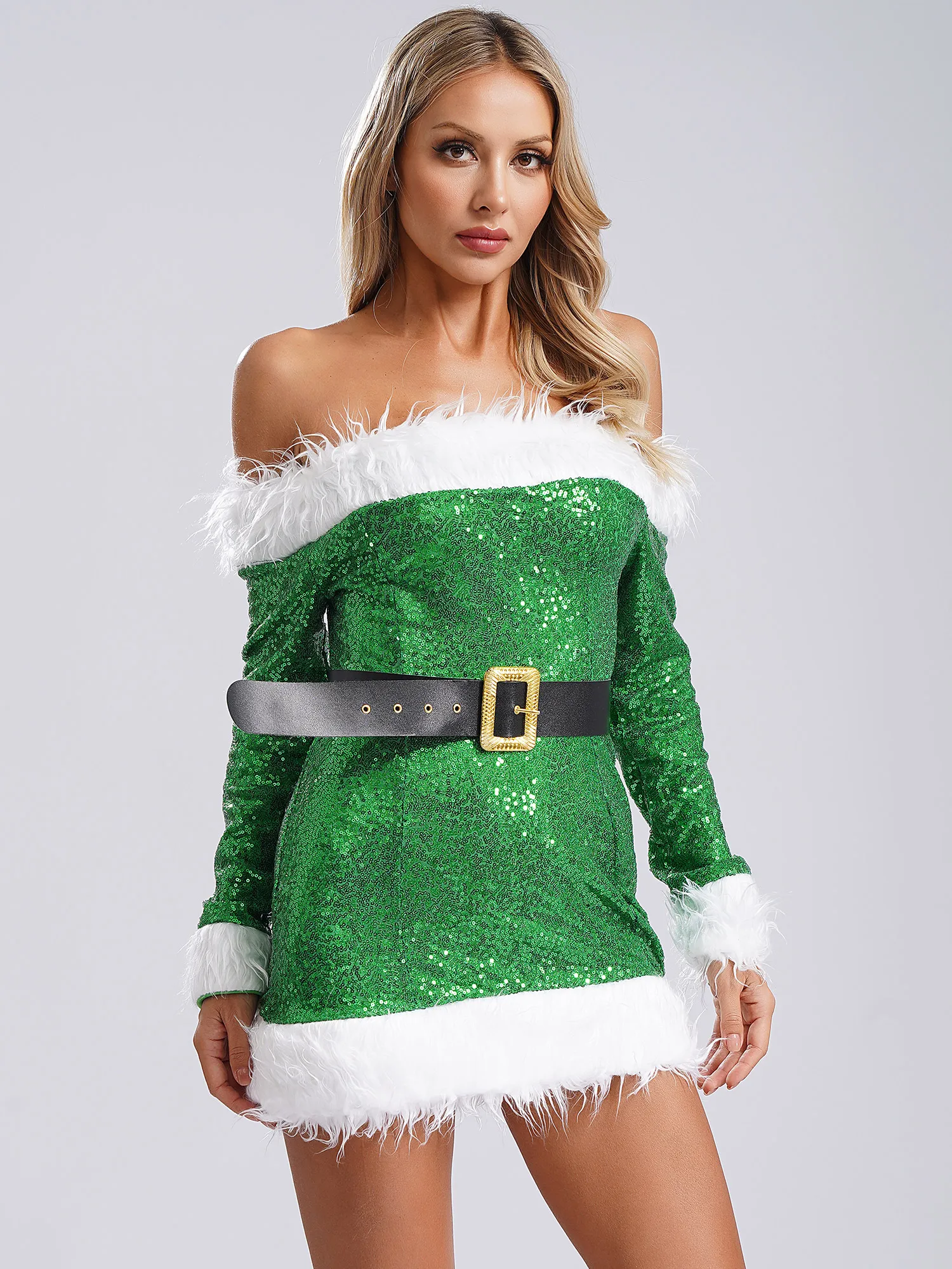 Damen-Weihnachtskostüm, Feder-Dekor, ärmellos, schulterfrei, figurbetont, hohe Taille, Minikleid, Neujahr, Party, Weihnachten, Paillettenkleid