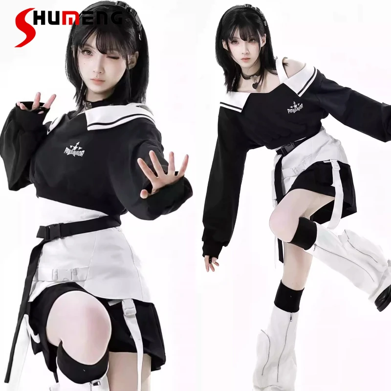 2025 subcultura dulce fresco blanco y negro empalme tirantes fuera del hombro conjuntos Harajuku Sudadera corta con capucha Sling Cargo falda conjunto